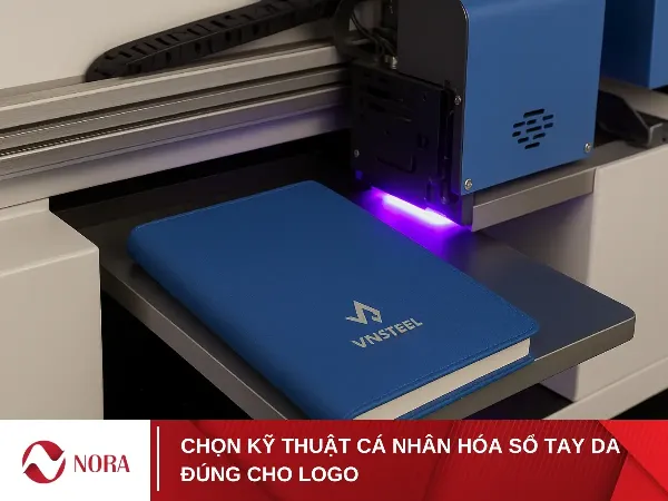 Cận cảnh các kỹ thuật gia công sau in trên bìa sổ tay như ép kim logo màu vàng và dập chìm tên thương hiệu